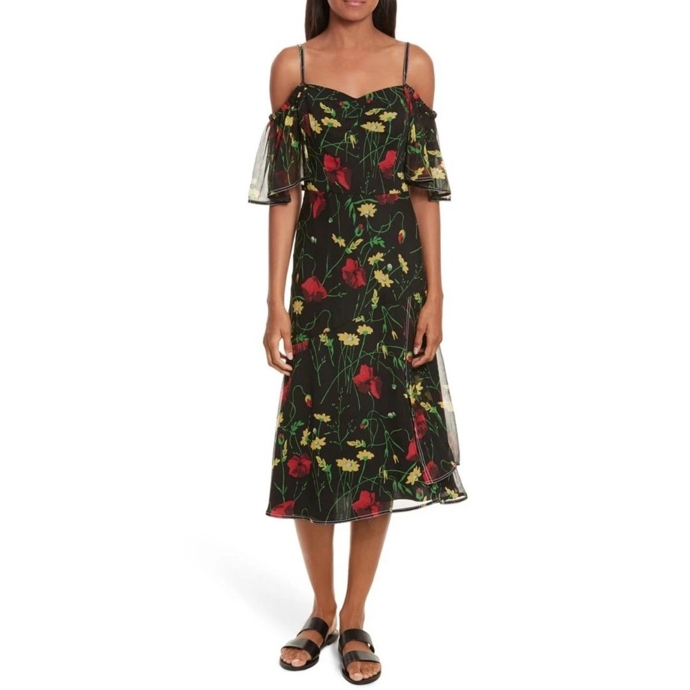 Grey Jason Wu Womens Black Red Silk Floral Off-Shoulder Casual Dress Size 2